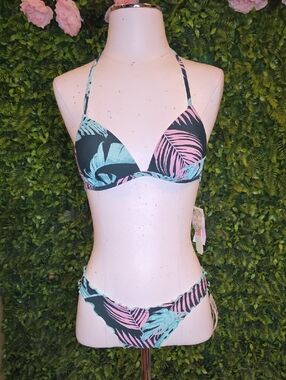 Gianni Bini Black Bikini with Pink & Mint Tropical Leaves